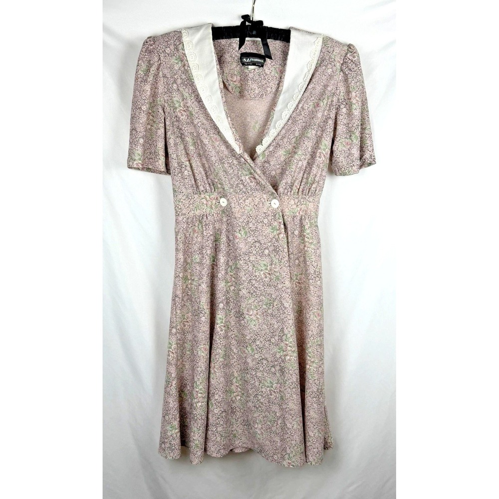 Vtg 80s SL Fashions Calico Floral Midi Dress 16 Lace Trim Sailor Collar Prairie